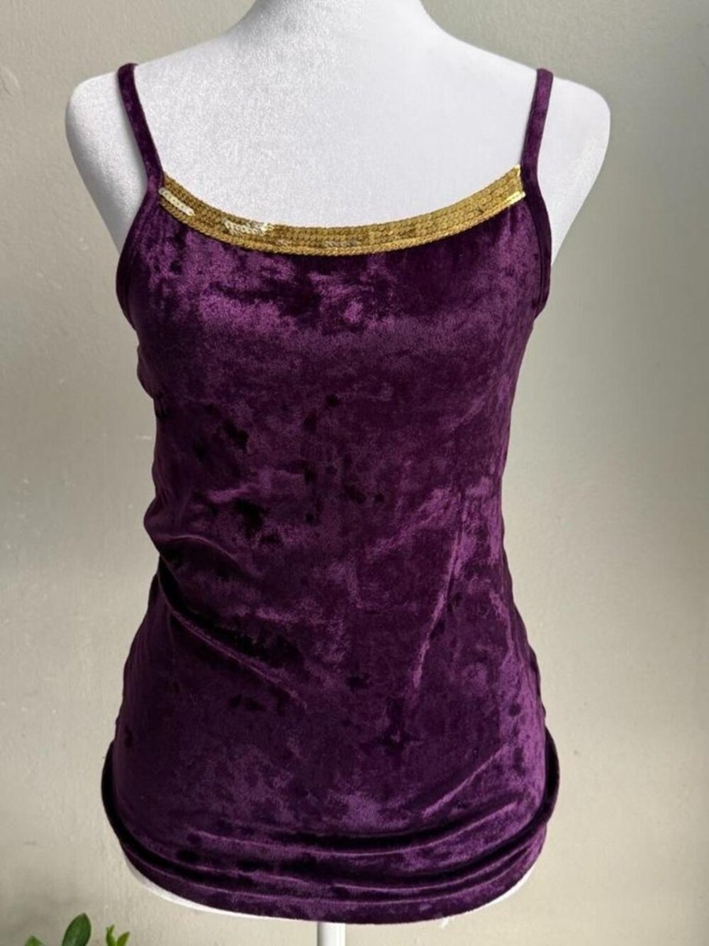 Y2K Purple Crushed Velvet Cami Top Gold Sequin Trim